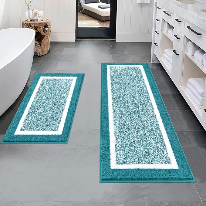 Pauwer Bathroom Sets, Non Slip Bath Mats, Absorbent Shower Rugs for Bathroom Floor, Tub and Shower, Aqua Blue