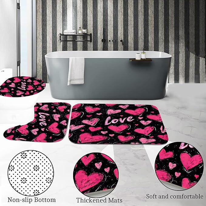 DDQQ 4 Pcs Pink Heart Shower Curtain Set Love Bathroom Sets with Shower Curtain and Rugs Romantic Bathroom Decor Accessories Bathroom Rugs Toilet Lid Cover with Hooks