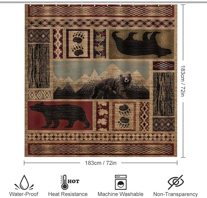 Rustic Cabin Bear Shower Curtain Sets with Rugs 4 Piece Accessories Bathroom Curtains Shower Set Include Shower Curtain Non-Slip Rug Toilet Lid Cover Bath Mat One Size