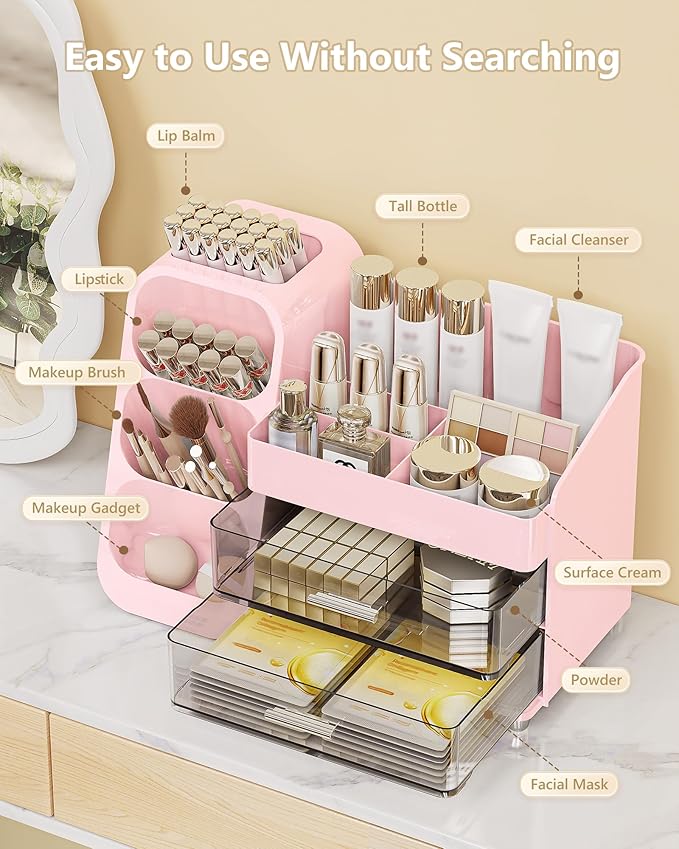 Large Capacity Makeup Organizer Countertop with Makeup Brush Holder for Vanity, Thickened Material, Bathroom Countertop Organizer Skin Care Perfumes Storage, Teen Girl Gifts for 13-25 Year