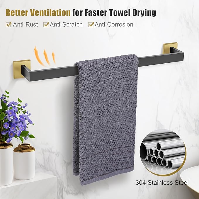 TURS 4-Piece Bathroom Hardware Set Brushed Gold and Black Towel Bar Set Include Towel Bar Hand Towel Holder Toilet Paper Holder with Shelf Robe Hook Stainless Steel Bathroom Accessories Sets
