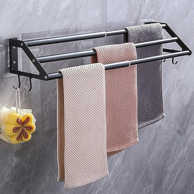 3-Layers Bathroom Towel Bar Wall Mounted Adhesive or Screw Mounting, 13.5"-24.5" Adjustable Bath Towel Holder Rack Stainless Steel Black Hand Towels Rod Hanger with Hooks for Home Kitchen Toilet