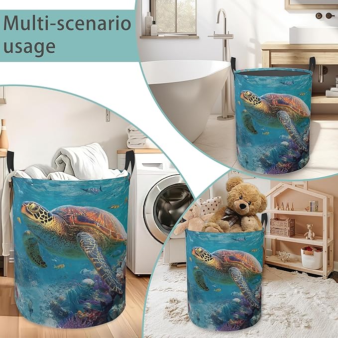 Sea Turtle Round Laundry Hamper Storage Basket Toys Clothes Organizer Bin For Home Bathroom Bedroom Dorm Nursery