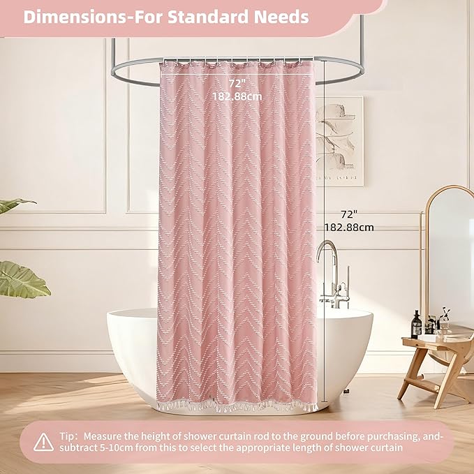 Pink Boho Shower Curtain White Tassel Woven Fabric Cute Shower Curtain Modern Farmhouse Textured Tufted Chevron Striped Minimalist 72 x 72 Bathroom Shower Curtains