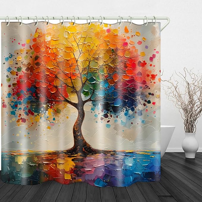 Shower Curtains, with A Unique Oil Painting Tree Theme Bright Colors, Brings an Artistic Atmosphere to The Bathroom. The 72x72 Inch Fabric Shower Curtain Comes with 12 Hooks.
