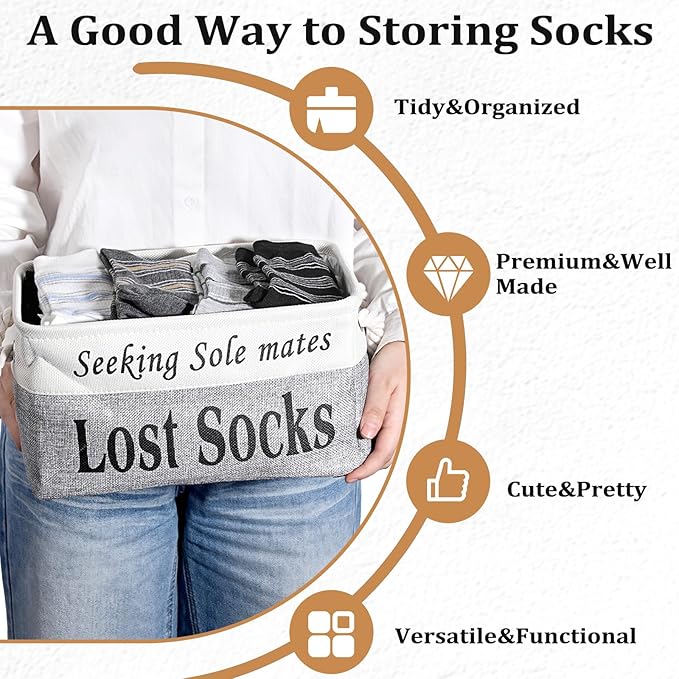 2 Pack Lost Socks Basket for Laundry Room, Fabric Missing Sock Holder for Single Sock Organization, Collapsible Lost Socks Bin Stockings Container, Farmhouse Laundry Room Decor and Accessories