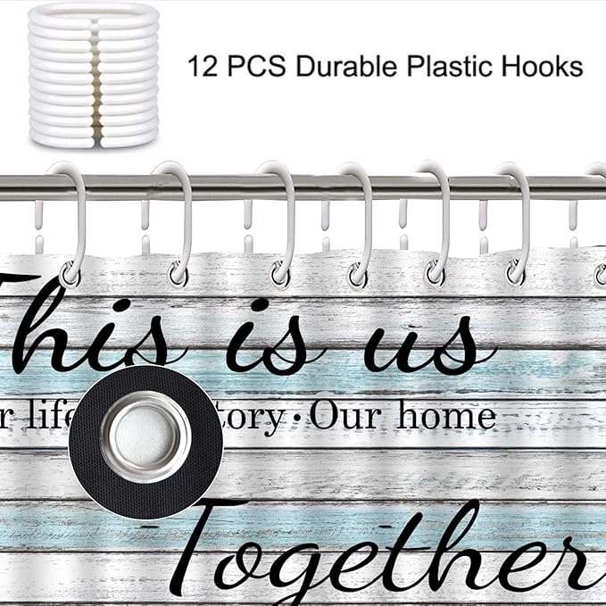 juwute 4Pcs Family Shower Curtain Sets with Non-Slip Rugs, Toilet Lid Cover and Bath Mat, Wood Grain Home Bathroom Decor Set Accessories Waterproof Shower Curtains with 12 Hooks, 72 x 72 Inch