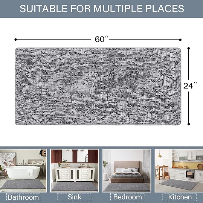 LOCHAS Luxury Bathroom Rug Shaggy Bath Mat 24 x 60 Inch, Washable Non Slip Bath Rugs for Bathroom Shower, Soft Plush Chenille Absorbent Carpets Mats, Gray