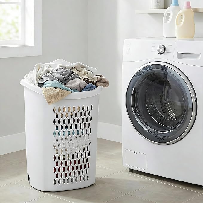 Basket Collection Lidded Wheeled Plastic Laundry Basket Adult-Sized with Handle - for Bedrooms, Dorm Rooms & Laundry Rooms, White