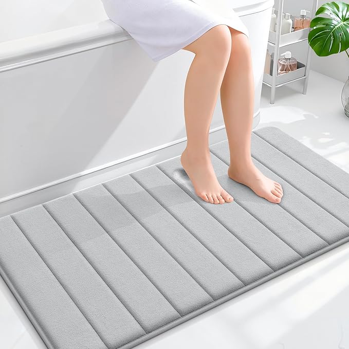 OLANLY Memory Foam Bath Mat 44x24, Super Soft Absorbent Bathroom Rugs, Quick Dry, Machine Washable Shower Floor Rugs, Bathmat Carpet, Bathroom Home Decor Accessories, Light Gray