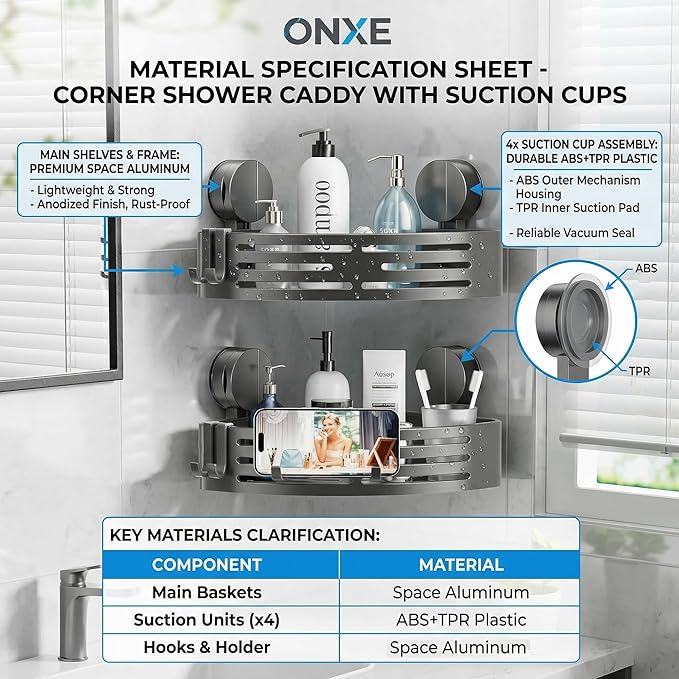 ONXE Suction Cup Shower Caddy,No Drilling Corner Shower Shelves Heavy Duty,Shower Organizer with Hooks,Rustproof Waterproof Space Aluminum Bathroom Storage,Home Accessories Decor