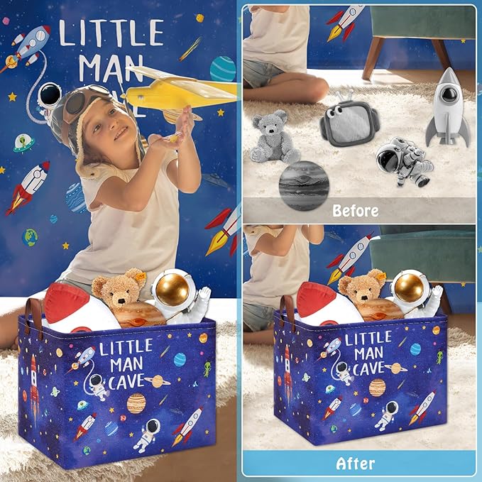 Astronaut Nursery Basket Laundry Hamper,Space Storage Basket with Inspirational Quotes, Planets Boy Room Decor Toy Box, Rectangular Rockets Clothes Book Toy Storage Bin (Blue)