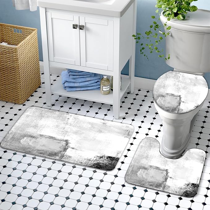 Lnond 4Pcs Bathroom Shower Curtain Sets with Rugs,White Black Painting Art Bathroom Sets with Shower Curtain and Rugs and Accessories