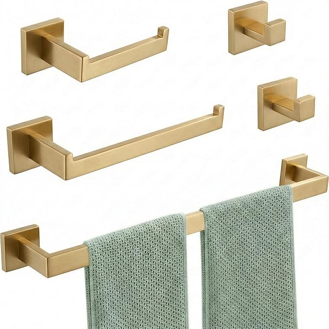 Brushed Gold Bathroom Accessories Set 5-Piece, Towel Bar & Towel Racks for Bathroom, The Manhattan Collection - Heavy Duty SUS304 Stainless Steel Hardware & Decor