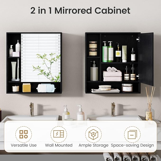 Giantex Bathroom Medicine Cabinet with Mirror, Wall Mounted Medicine Cabinet w/Single Door, 3 Open Shelves & Adjustable Shelf, Space-Saving Hanging Storage Cabinet for Living Room, Hallway (Black)