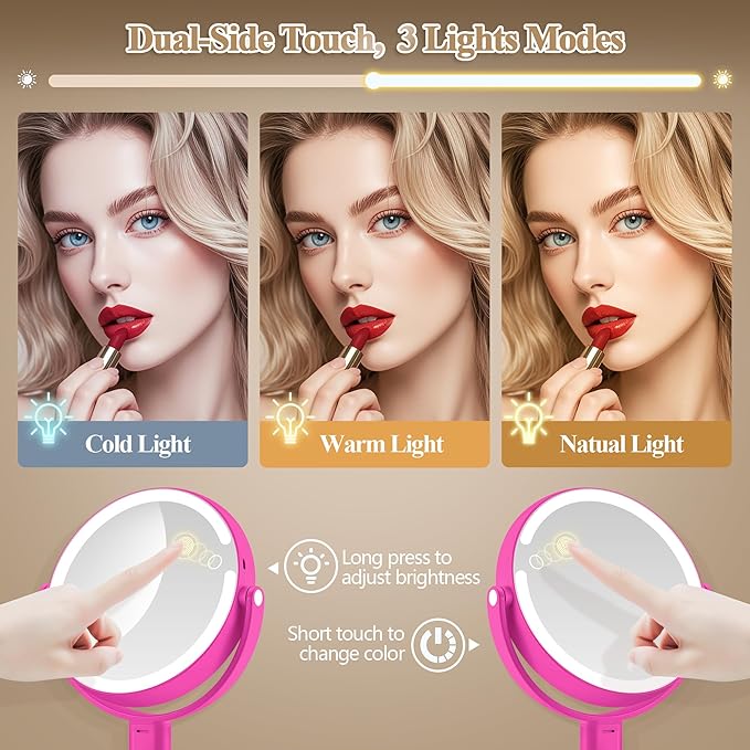 MOMOKUBA Makeup Mirror with Lights, Double Sided 1x/20x Magnifying Mirror with Light, Rechargeable 3 Color Lights and Adjustable Brightness, 360° Rotation Detachable Comes with Tweezer(Hotpink)