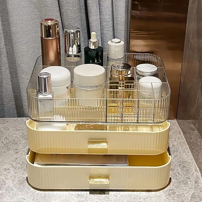 Makeup Organizer with Stackable Drawers, Bathroom Countertop Vanity Organizers and Storage, Ideal for Desk and Dresser, Great for Cosmetics, skin Care, Lipsticks, Nail Care -Cream White
