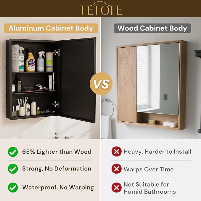 TETOTE 14 x 24 Medicine Cabinet with Tempered Beveled Mirror Black Aluminum Cabinet DTC Hinges, Stepless Adjustable Shelves, Recessed/Surface-Mounted