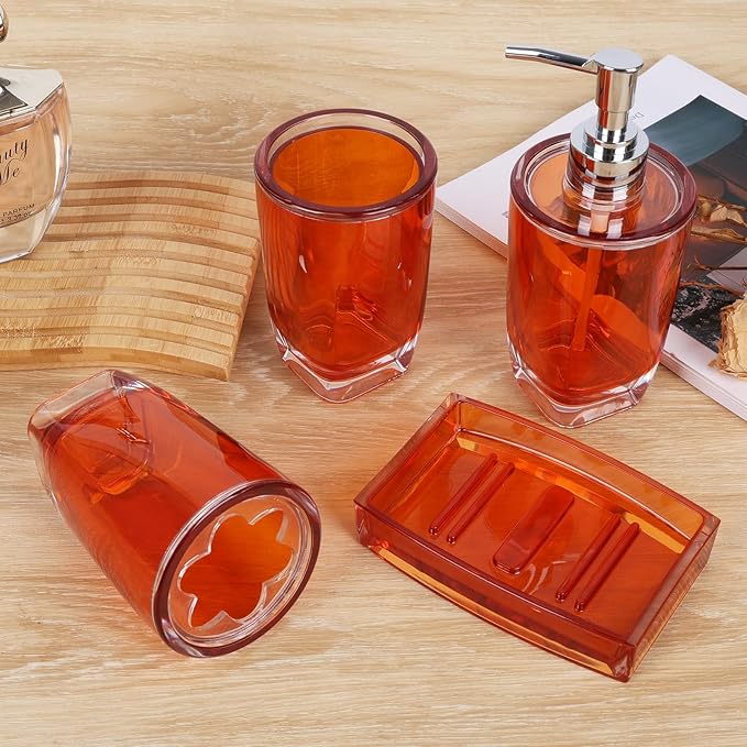 4-Piece Warm Orange Acrylic Bathroom Accessories Set — Soap Dispenser, Toothbrush Holder, Soap Dish & Mouthwash Cup, Vanity Countertop Organizer for Orange Boho Bathroom Decor