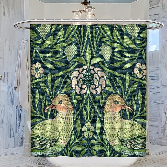 Boho Bird Shower Curtain William Morris Art Print Retro Bird Plant Natural Flower Pattern Print Shower Curtains 72""×84"" Inch, Style-6