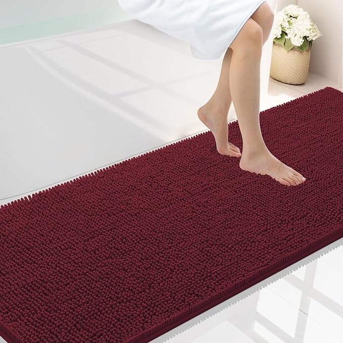 Smiry Luxury Chenille Bathroom Rugs 70x24, Extra Soft and Absorbent Shaggy Bath Mat, Machine Washable, Non-Slip Plush Carpet Runner for Tub, Shower, and Floor, Home Decor Accessories, Burgundy