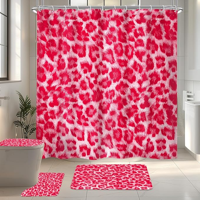LIGHTINHOME 4 PCS Hot Pink Leopard Print Shower Curtain Set 72Wx72H,Toilet Lid Cover,Non-Slip Rugs and U-Shaped Mat,Wild Safari Cheetah Bathroom Sets with Rugs with 12 Hooks for Bathroom Decor