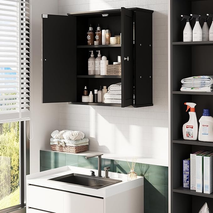 Walsunny Bathroom Medicine Cabinet Wall Mount with 2 Doors and 2 Shelves, Small Bathroom Cabinet Wooden Storage Cabinet Over Toilet Restroom Laundry Room Kitchen, Black