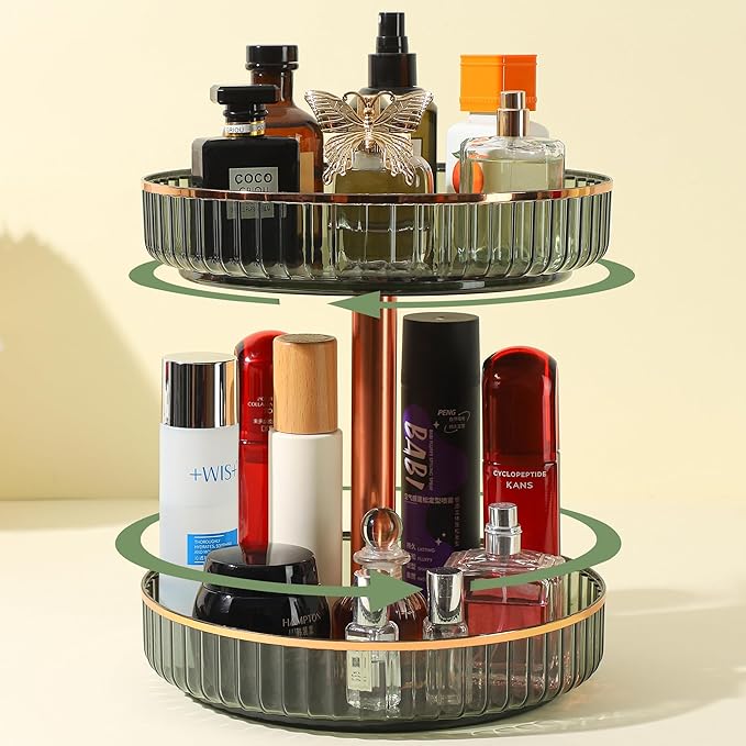360 Rotating Makeup Organizer for Vanity,2 Tier Independent Rotation Large Capacity Skincare Organizers,Bathroom Counter Organizer, Spinning Monobloc Design Perfume & Vanity Organizer