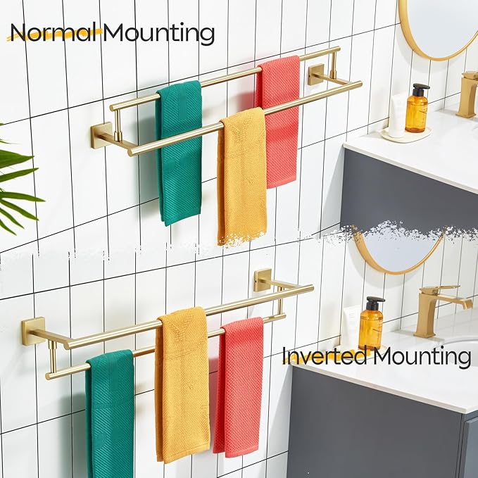 KOKOSIRI Bath Towel Bars 32-Inch Double Towel Rails Overlength Bathroom Racks for Cabinet Kitchen Brushed Gold Stainless Steel B5009BG-L32