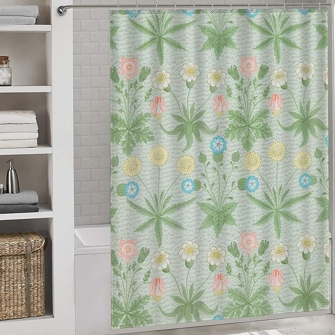William Morris Floral Shower Curtain,Mid Century Vintage Flower Green Plant Abstract Pattern Print Shower Curtains Sets Polyester Waterproof Fabric Decor Bathroom Curtain 72"×72" Inch With 12 Hooks
