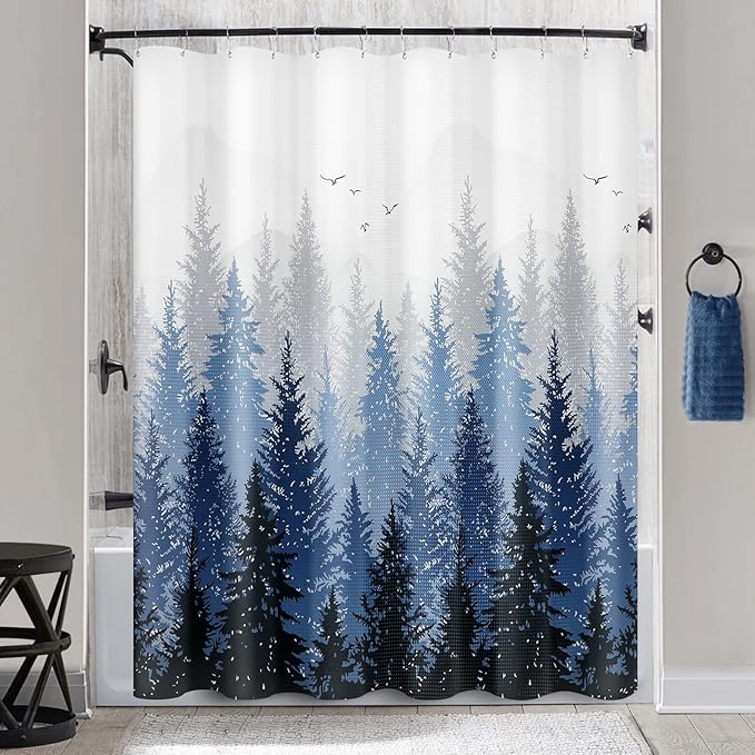 Hokibero Blue Misty Forest Mountain Nature Tree Fabric Shower Curtains for Bathroom Waterproof Heavy Duty Navy Blue and White Woohitedland Shower Curtain Bathtubs Hotel, 72 x 72 inch