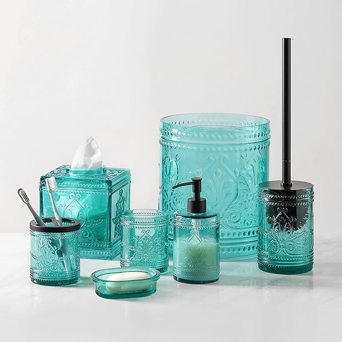 4PCs Teal Blue Glass Bathroom Accessories Set with Decorative Pressed Pattern - Includes Hand Soap Dispenser & Tumbler & Soap Dish & Toothbrush Holder (Bathroom Accessories Blue)