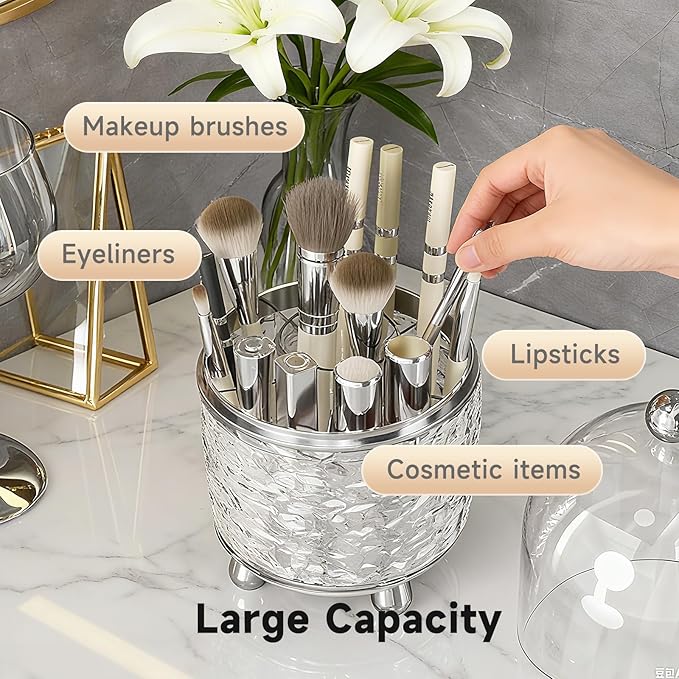 Makeup Brush Holder with Lid, Cosmetic Tools Organizer with Cover, 360° Rotating Sliding Opening Dustproof Brushes Container for Vanity, Ideal Gift for Girlfriend Wife Friends (Silver)