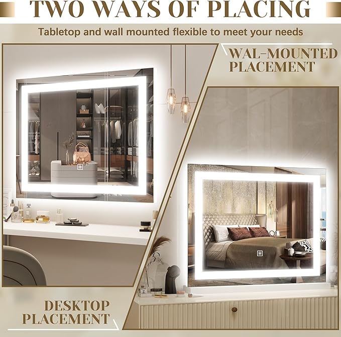 ROLOVE 22x19 Inch Lighted Vanity Mirror, Large LED Makeup Mirror with 3 Color Modes, Dimmable Touch Control, Wall Mount & Tabletop, with Detachable 10X Magnification Mirror, White