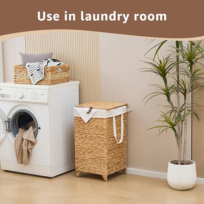 Handwoven Laundry Hamper with Lid, Natural Hyacinth Heightened Feet Laundry Basket, Wicker Clothes Hamper with Removable Liner Bag (Natural-A, 65L)