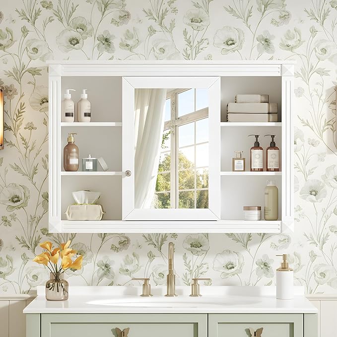 Merax Bathroom Medicine Cabinet with Mirror Door & Adjustable Shelf, 42" x 28" Wall Mounted Bathroom Storage Cabinet with Mirror, Over The Toilet