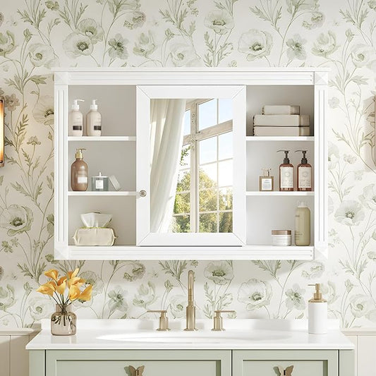 Merax Bathroom Medicine Cabinet with Mirror Door & Adjustable Shelf, 42" x 28" Wall Mounted Bathroom Storage Cabinet with Mirror, Over The Toilet