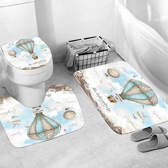 jieprom 4 Piece Sky Blue Shower Curtain Set with Rugs, Vintage Map & Hot Air Balloon Art, Scenic Adventure Aesthetic Bathroom Decor, Waterproof Fabric with Non-Slip Mats, Waterproof Fabric