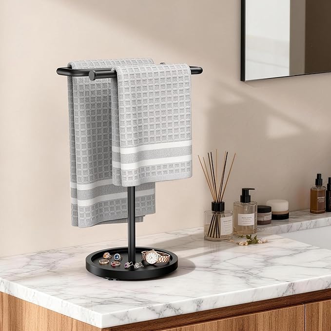 Aetyord Adjustable Hand Towel Holder Stand for Bathroom Countertop, S-Shaped Stainless Steel Towel Rack with Wood Base Strong and Suction Cups, Free Standing Hand Towel Tree for Kitchen Vanity