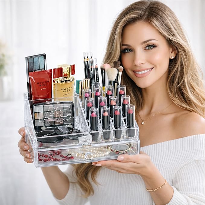 Decozen Makeup Organizer - Vanity Storage with Multiple Compartments and Drawers for Brushes, Lipsticks, Jewelry, Perfect for makeup organizer countertop, makeup holders and organizers, Gift for Mom