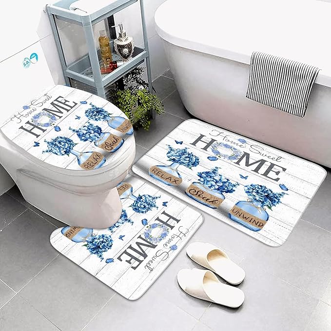 NBVKO 4 PCS Blue Hydrangea Shower Curtain Set,Home Sweet Bathroom Set with Rugs and Accessories,Farmhouse Country Bathroom Decor