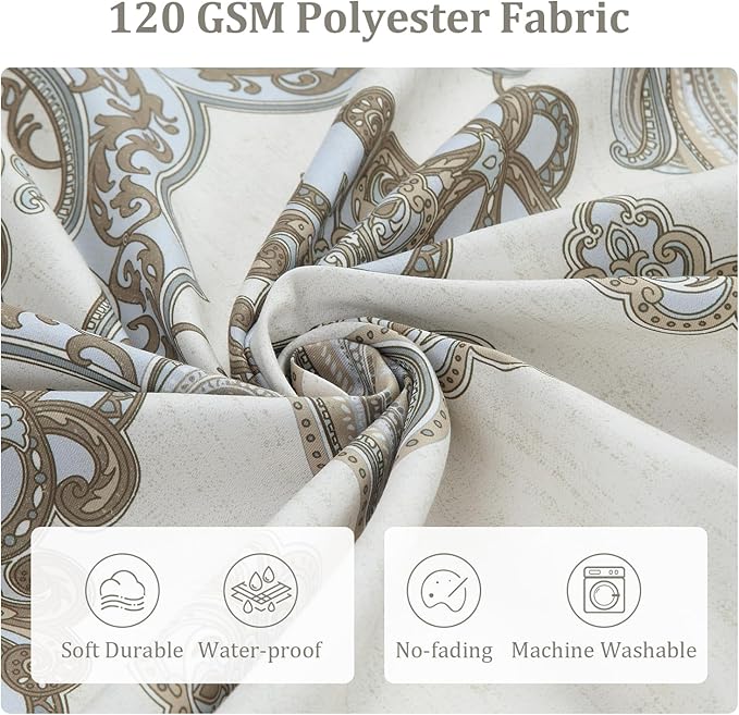 Beige Fabric Shower Curtain, Waterproof for Bathroom with Tan Printed Ombre Boho Paisley Damask Pattern, 72" W x 72" H