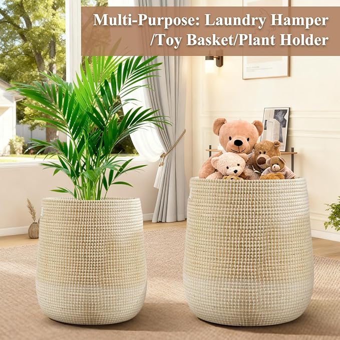 Laundry Hamper Basket with Lid - 2 Pack Natural Seagrass Handmade Storage Hamper, Removable Washable Liner, Storage Basket for Clothes Toys, Decorative Organizer for Bedroom, Bathroom, Living Room