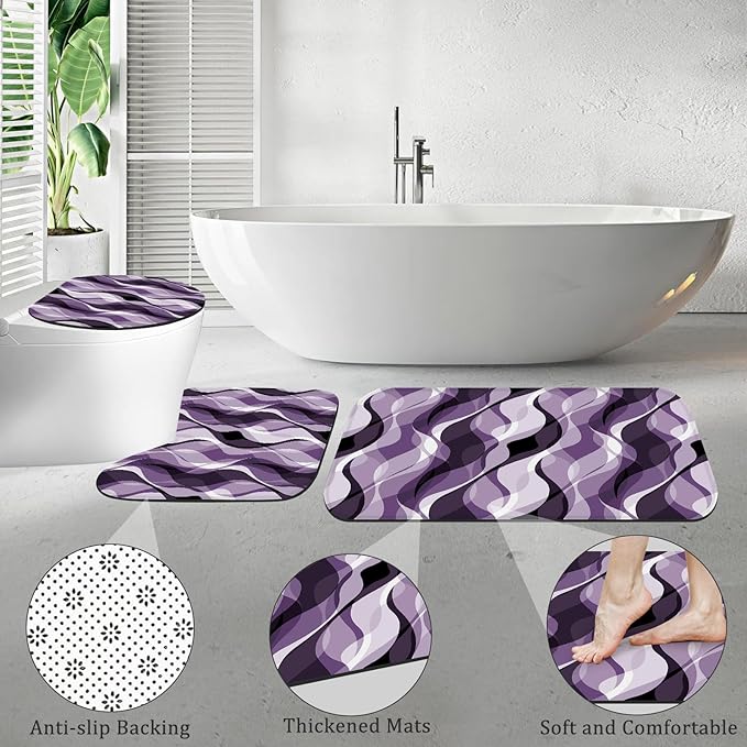 4PCS Purple Bathroom Sets with Shower Curtain and Rugs, Lavender Abstract Striped Shower Curtain Sets with Rugs, Modern Luxury Bathroom Curtains Shower Set with Toilet Lid Cover
