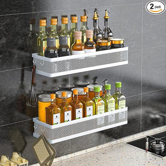 PUSDON 16.5-Inch Extra Long Slim Mesh Shower Caddy, Wall Mounted Bathroom Organizer with Adhesive, Heavy Duty Rustproof Shelf for Narrow Kitchen Pantry & RV, Holds 50 LBS 2-Pack - White Netting