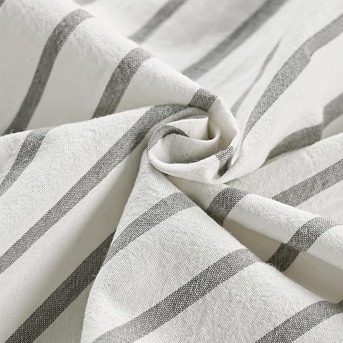 Farmhouse Shower Curtain,Beige and Gray Stripe,Button Curtain,Linen and Cotton Woven Fabric,Rustic Charm Country Chic Style,72x84 in