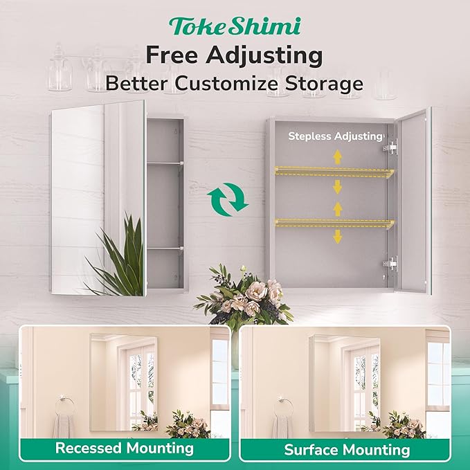 TokeShimi 48x32 Mirror with Stepless Adjustable Storage, Aluminum Tempered Bathroom Mirror Medicine Cabinet Silver, Frameless Farmhouse Medicine Cabinet for Recessed or Surface Mount Modern
