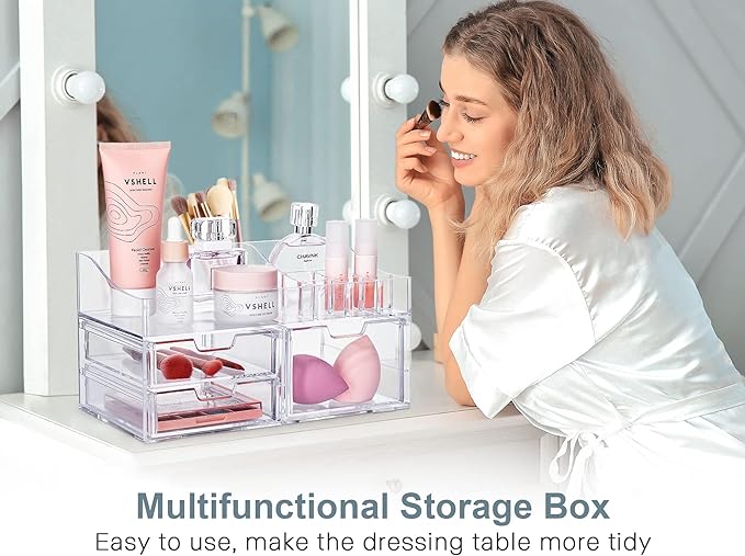 GORET Vanity Makeup Organizer, Acrylic Cosmetic Storage with Large Capacity 3 Drawers for Bathroom Countertop Perfume Lipstick Brushes Skincare Eyeshadow