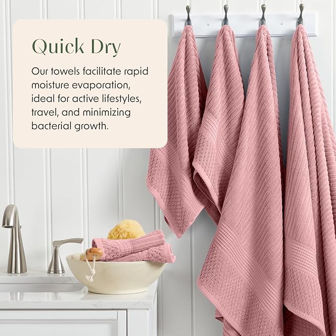 Springtree Home 100% Cotton Bath Towel Set of 4 | Super Soft & Absorbent with Quick-Dry Fibers | 4 Bath Towels | Textured and Durable Cotton | Krista Collection - Bridal Rose