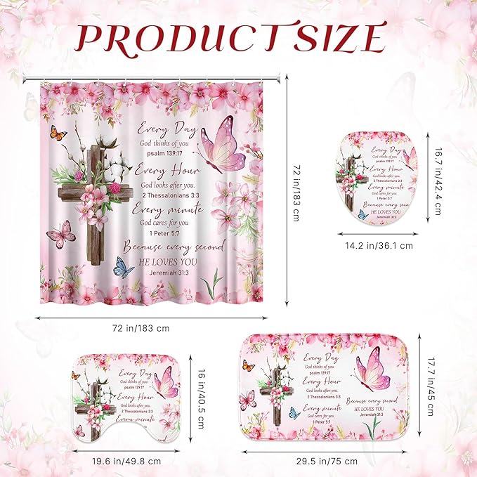 4 Pcs Pink Butterfly Inspirational Quotes Shower Curtain Set with Rugs and Toilet Lid Cover, Christian Cross Bathroom Set Encouraging Bible Verses Floral Bathroom Decor Set Accessories